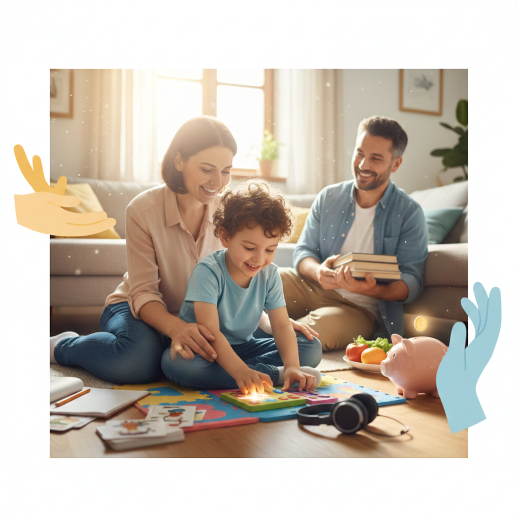 Criança com autismo e família sorrindo para o BPC LOAS