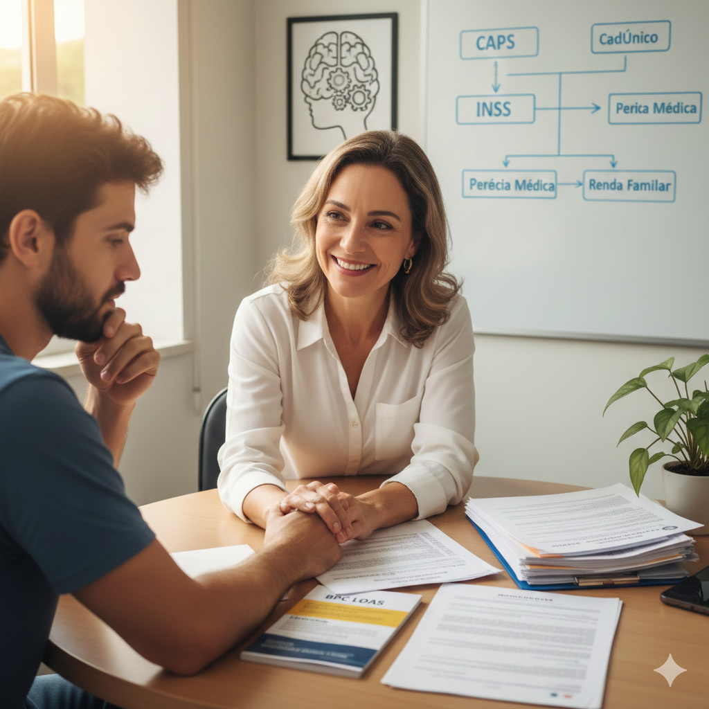 Advogada orientando cliente sobre BPC LOAS por transtorno mental e documentos do CAPS.