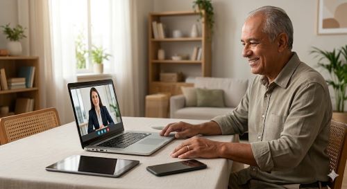 Advogado previdenciário online em atendimento por videochamada com cliente.