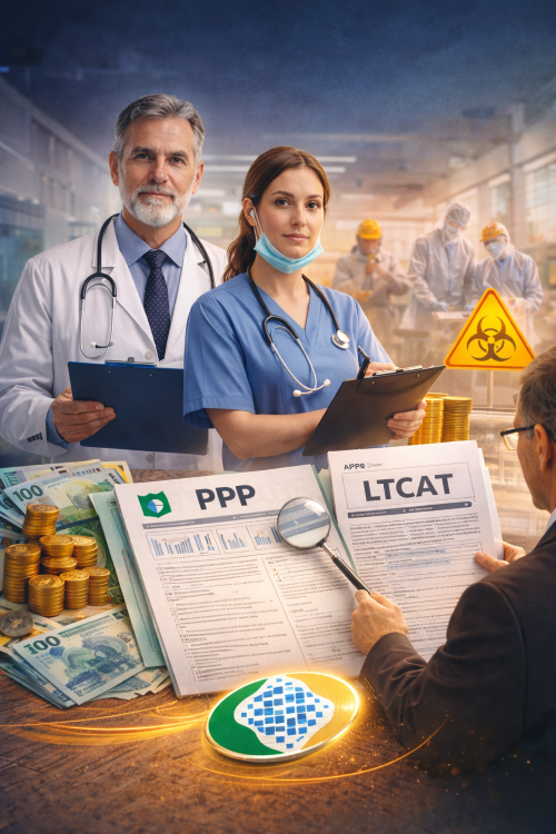 Profissionais de saúde analisando documentos PPP e LTCAT para Aposentadoria Especial Saúde 2026.