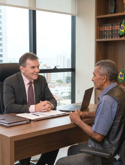 Advogado previdenciário orientando cliente sobre aposentadoria por idade 2026.