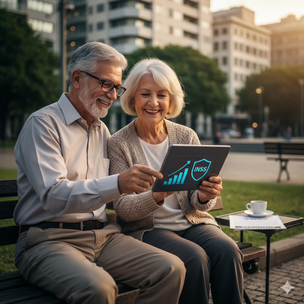 Aposentadoria por idade urbana em 2026: casal de idosos planejando o futuro
