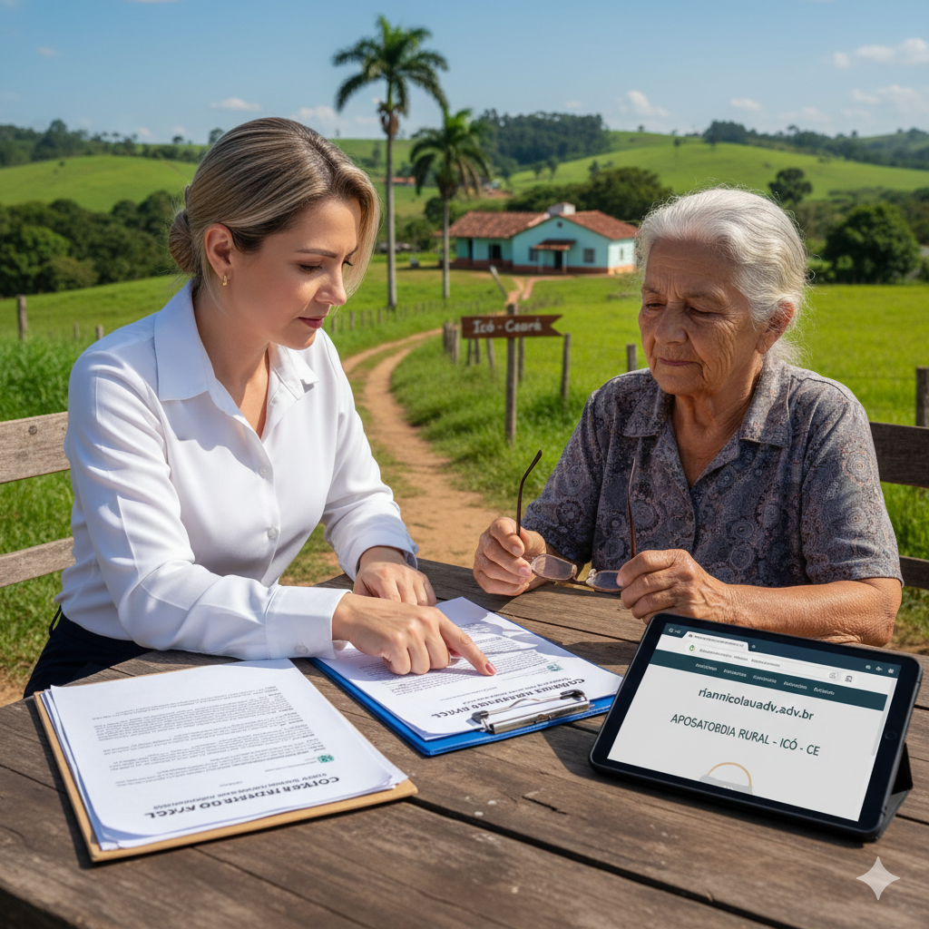 Homem e mulher idosos conversando com advogada sobre aposentadoria rural em Icó, Ceará.