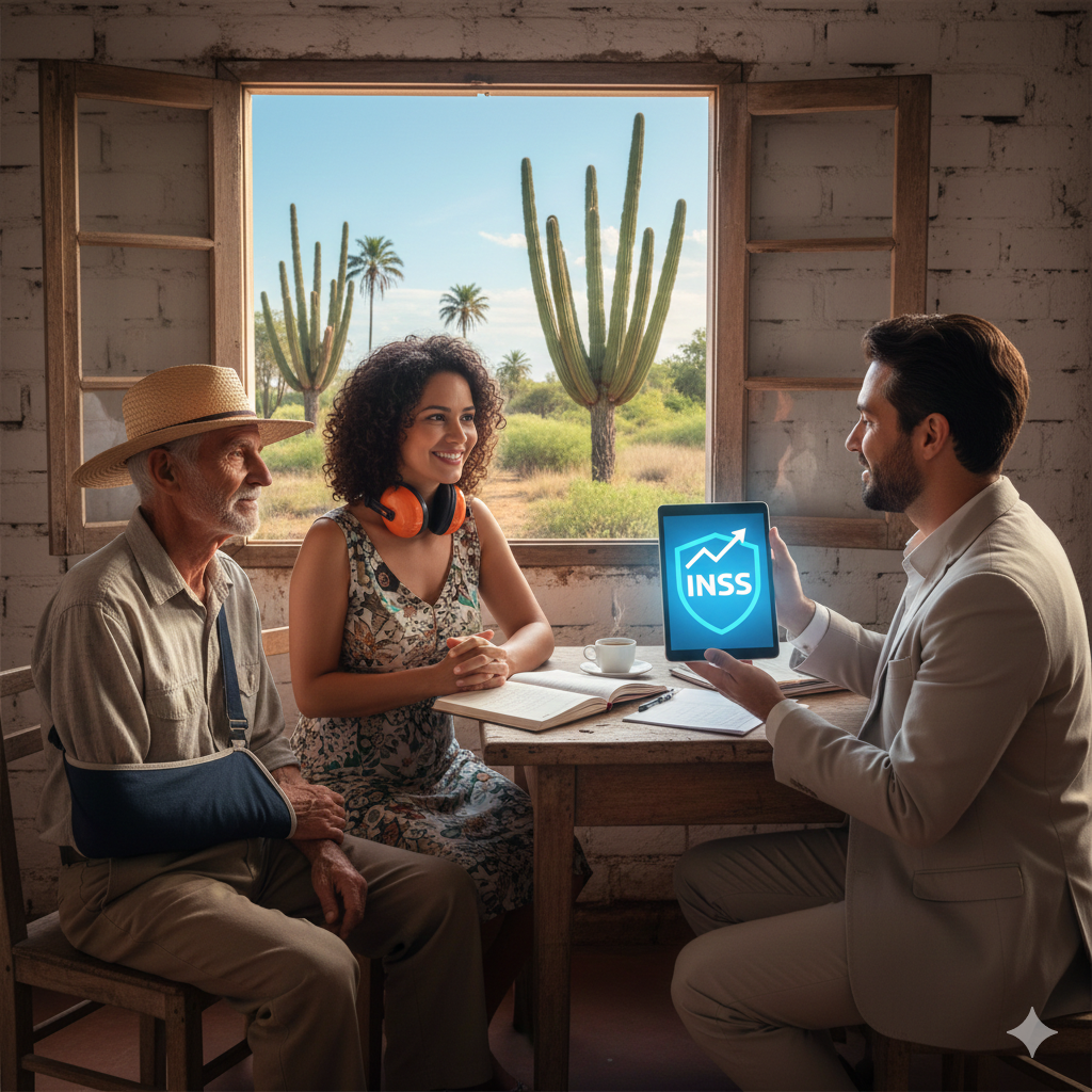 Auxílio-Acidente do INSS: trabalhador recebendo orientação sobre benefício por sequela.