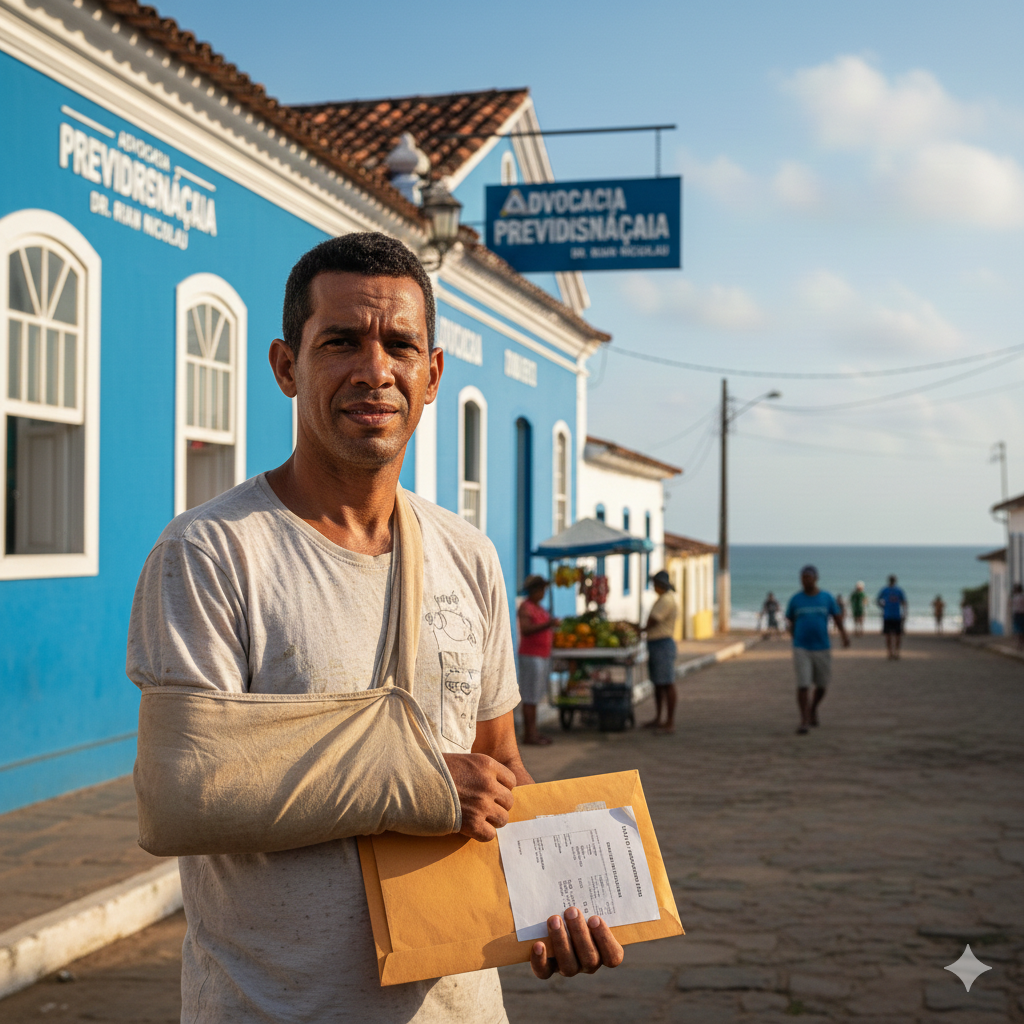 Homem com braço engessado segurando documentos para solicitar auxílio-acidente do INSS.
