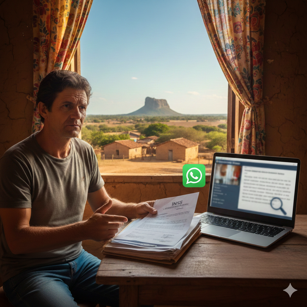 Homem em Icó analisando documentos de auxílio-doença negado pelo INSS.