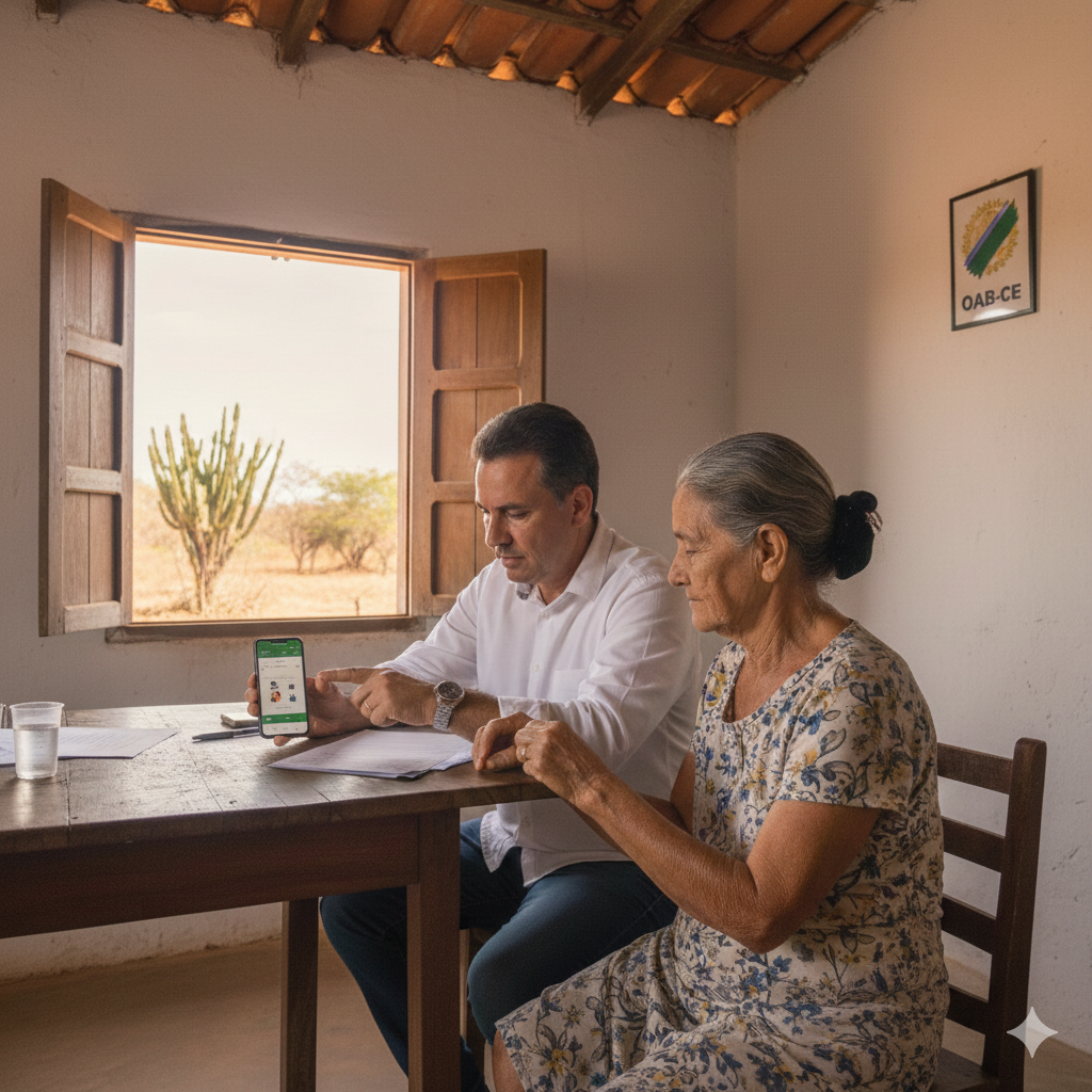 Advogado previdenciarista orientando idosa sobre a biometria BPC 2026 em cenário do interior do Ceará com mandacaru na janela.