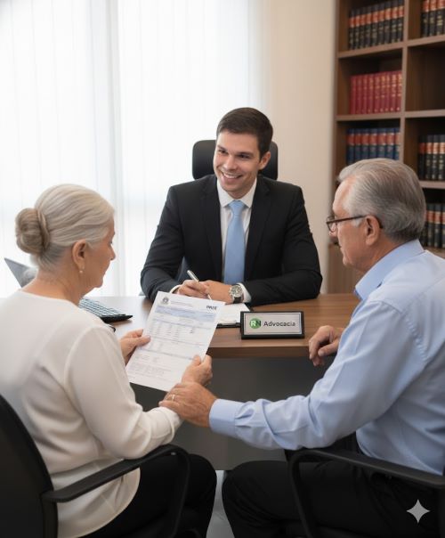 Advogado previdenciarista explicando as regras da Biometria INSS 2026 para cliente idosa.