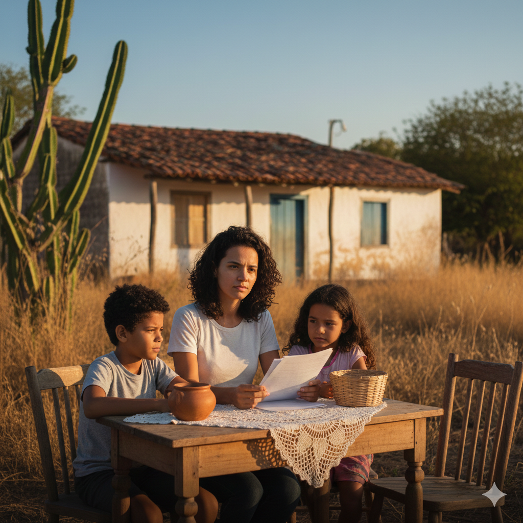 Mãe e filhos lendo documentos sobre pensão por morte em ambiente rural.