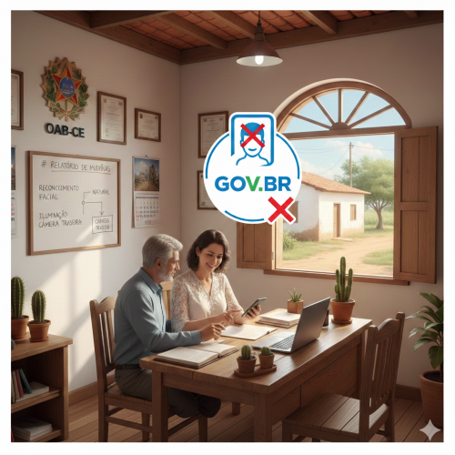 Ilustração de um casal de idosos em um escritório de advocacia com dificuldade no reconhecimento facial Gov.br, com o logo do sistema marcado com um erro em vermelho