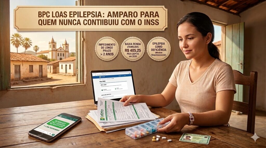 Mulher com epilepsia pesquisando documentos para solicitar o BPC LOAS Epilepsia no INSS em 2026.