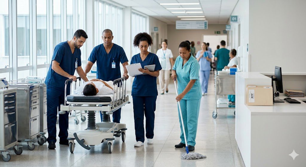 Maqueiros e técnicos de enfermagem transportando paciente uma imagem para ilustrar: Aposentadoria Especial para Técnicos