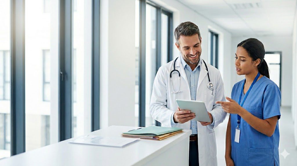 Médico e enfermeira analisando prontuário para Regras da Aposentadoria Especial 2026.