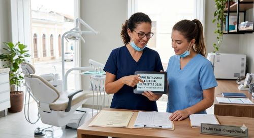 Dentista e auxiliar analisando exames para planejar a Aposentadoria Especial para Dentistas.