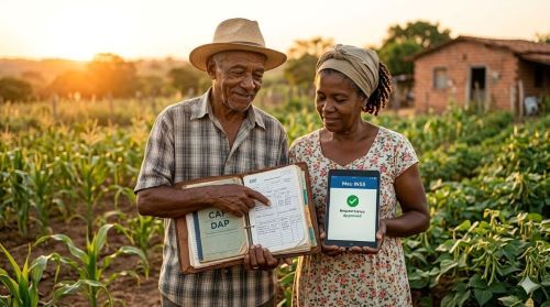 Casal de trabalhadores rurais segurando documentos para o pedido de Aposentadoria Rural no INSS.