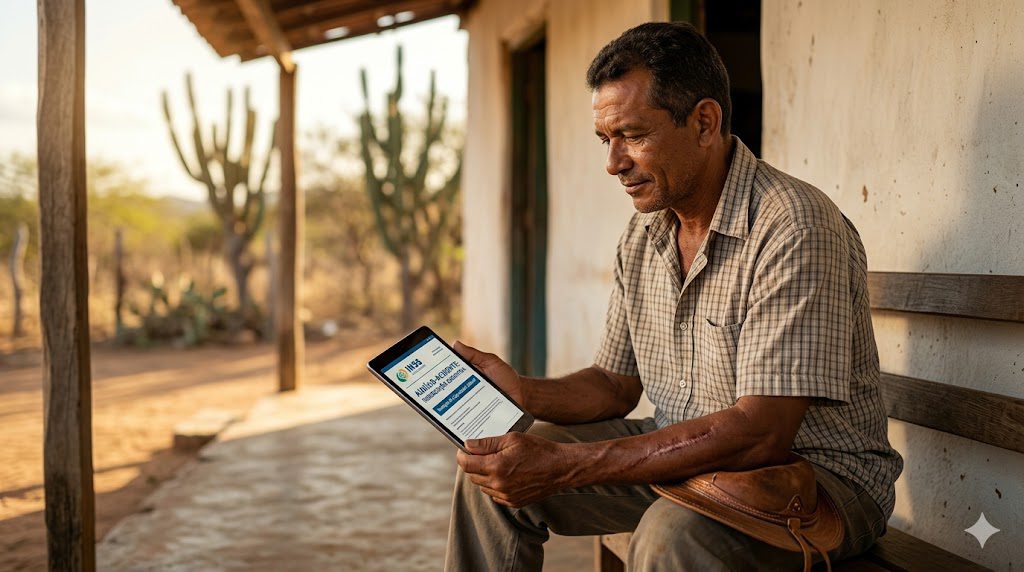 Homem sentado em ambiente rural analisando documentos em um tablet, representando um trabalhador rural buscando informações sobre o Auxílio-Acidente 2026.