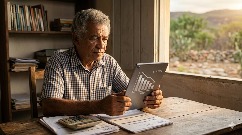 Aposentado realizando cálculo para Revisão da Vida Toda no STF