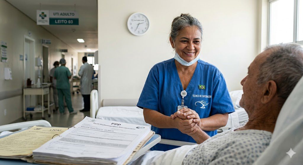 Técnica de enfermagem sorrindo em ambiente hospitalar, representando o direito à aposentadoria especial para técnico de enfermagem.