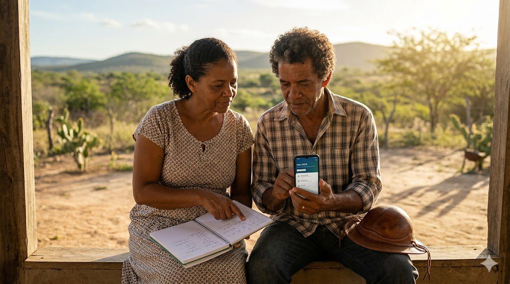 Casal de idosos consultando regras da aposentadoria por idade em 2026 no celular.